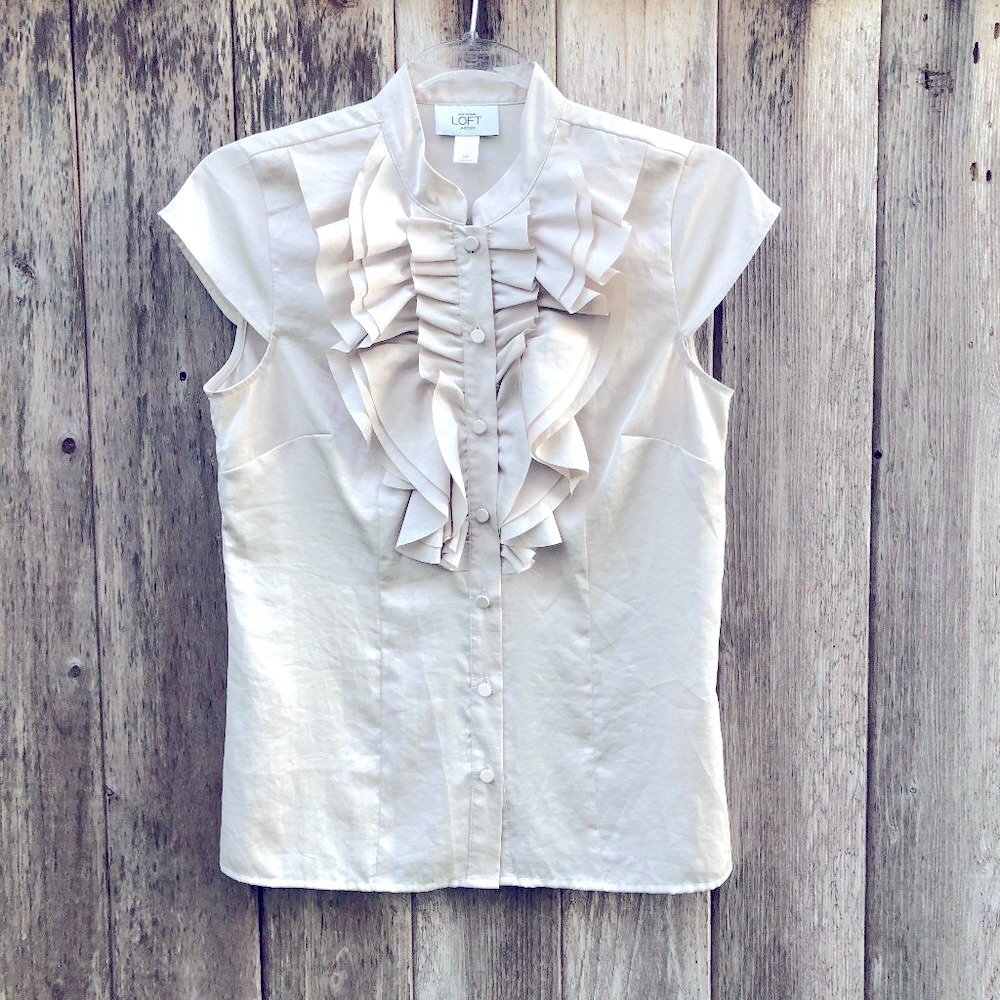 Ann Taylor Loft Front Ruffle Button Down Short Sleeve Blouse Small Petite